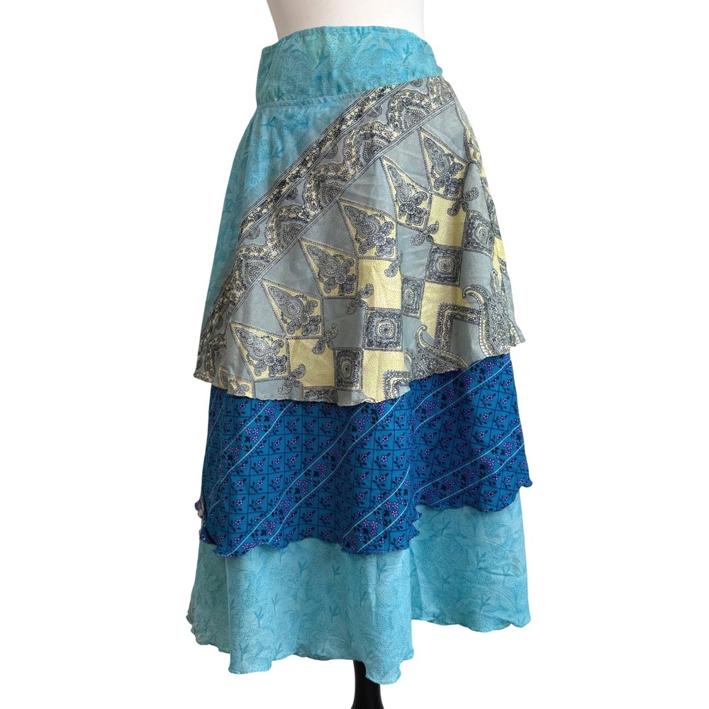 Western Fashion Patchwork Wrap Skirt L Reversible Blue Tiered‎ Boho Gypsy Hippie